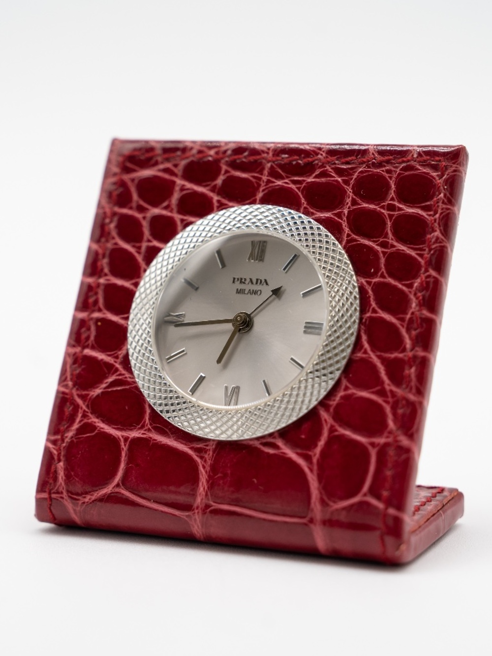 Prada Desk Clock Watch Table Red Leather Croc Steel Case